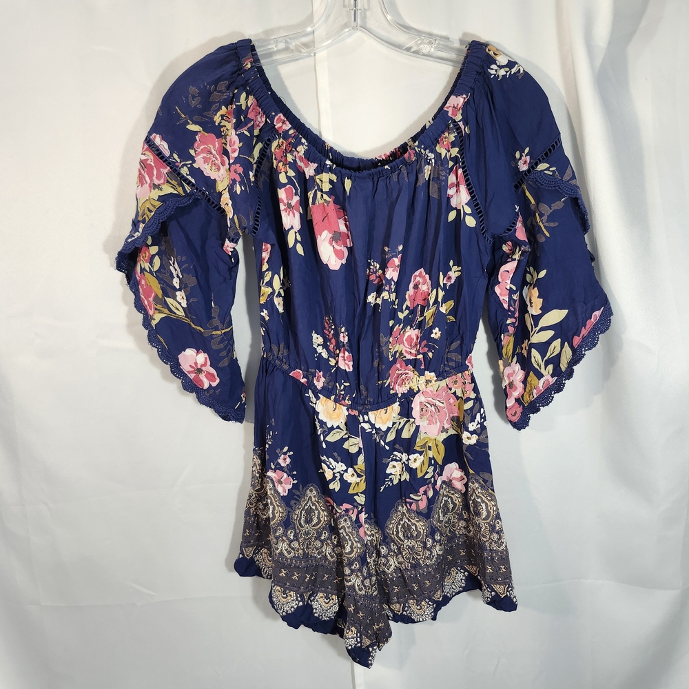 Angie Size Small Navy and Pink Floral Romper